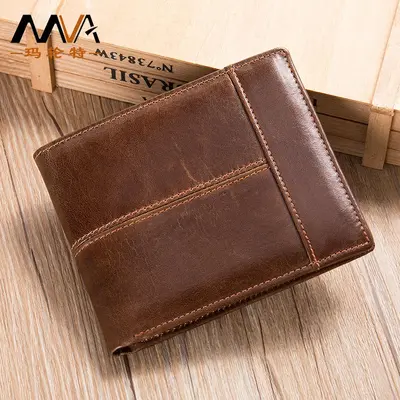 Amazon Men's Genuine Leather Short Wallet Top Layer Cowhide Retro Leather Bag Men's Anti-Theft Brush RFID Card Holder