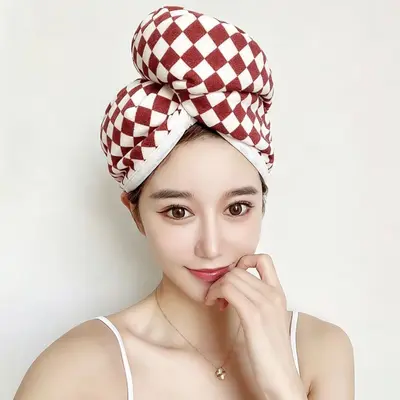 Checkered Absorbent Quick-Dry Women's Hair Cap, Thickened Hair Towel Wrap
