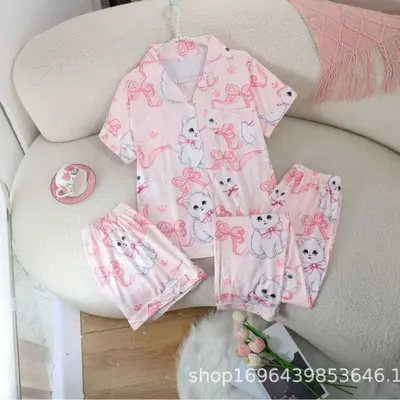 Women's Printed Pajama Set 3-Piece Short Sleeve Shorts Long Pants
