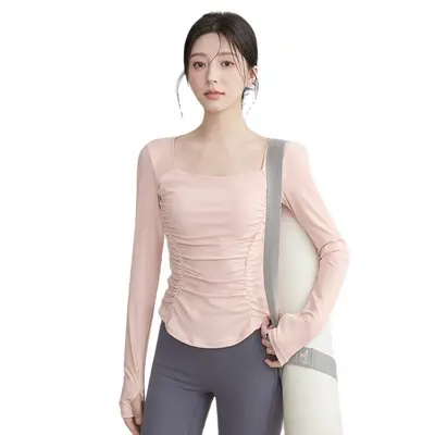 Long-Sleeve Open-Back Pleated Yoga Top with Built-in Bra Pads - 5