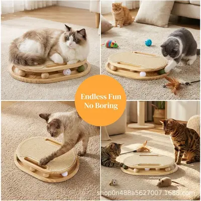 Wooden Cat Scratching Board with Ball Track Toy, Indoor Sisal Scratching Pad