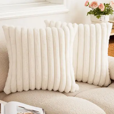 Rabbit Fur Throw Pillow Cover, Rectangular, Vertical Stripe Plush - 2
