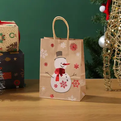 Noel kraft kağıt hediye torbası, geyik ve kar ağacı desenli - 9