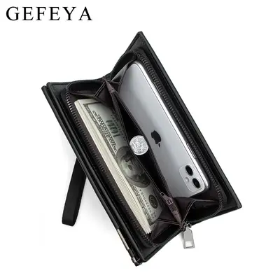GEFEYA Men's Long Clutch Bag with Classic Print, Wrist Strap and Zipper - 4