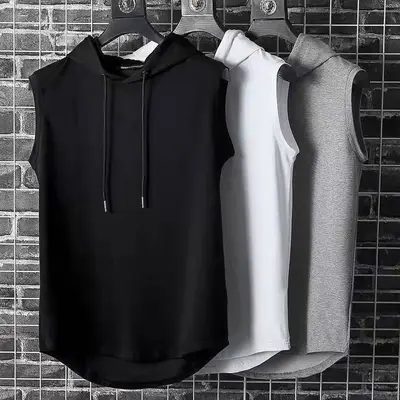 Men's Hooded Sleeveless Vest, Loose Fit, Solid Color Sports Top