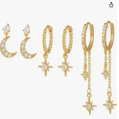 Star and Moon Chain Tassel Earring Set, Hexagonal Zircon - 13