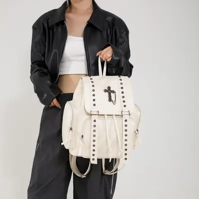 Soft PU Leather Backpack, Large Capacity, Cross Rivet Design - 4