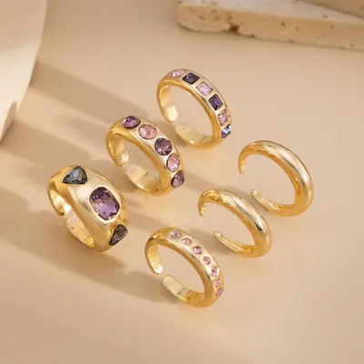 欧美跨境时尚ins风彩色宝石镶嵌戒指套装 金属质感光面指环Rings