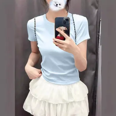 Solid Color Slim-Fit Short Sleeve T-Shirt for Women - 12