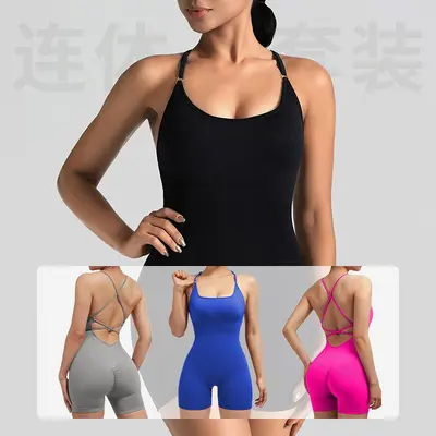 Askılı Yoga Tulumu Şortlu, Seksi Tek Parça Spor Tulumu - 3