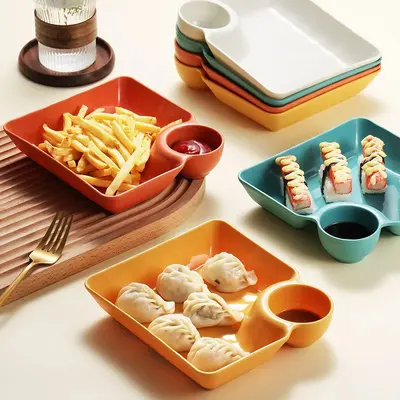 Large PP Compartment Dumpling Plate with Vinegar Dish, Japanese Style