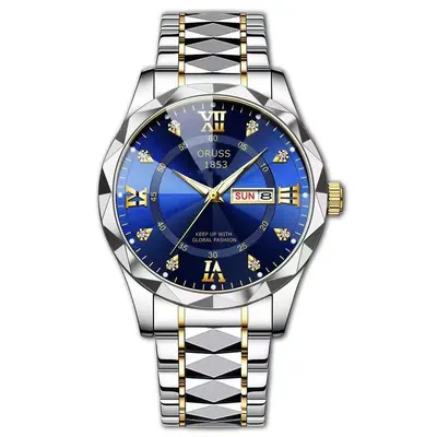 Men's waterproof quartz watch with luminous dial and dual calendar