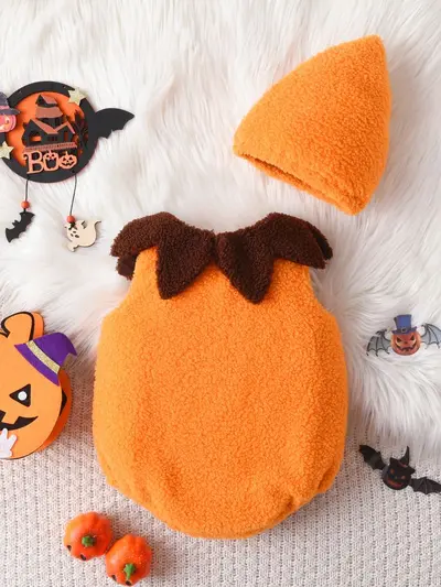 Halloween bebek kostümü, kolsuz balkabağı tulum ve şapka