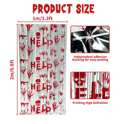 Halloween Horror Rain Tassel Door Curtain 1x2 m with Bloody Handprint HELP