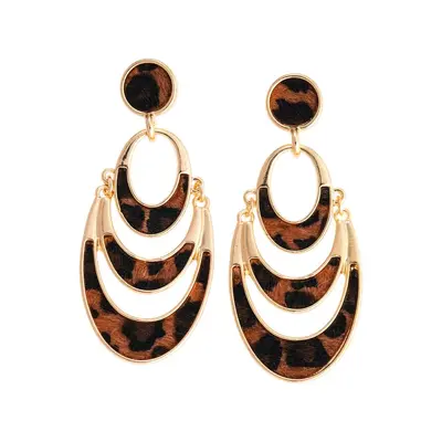 Leopard print earrings with faux horsehair, multi-layer design - 6