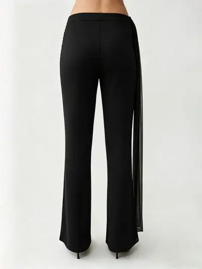 Women's Black Ribbon Detail Micro Flare Pants, Casual Slim Fit