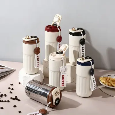 Edelstahl-Thermobecher 316 mit Streifen, Tragegriff und Temperaturanzeige - 2