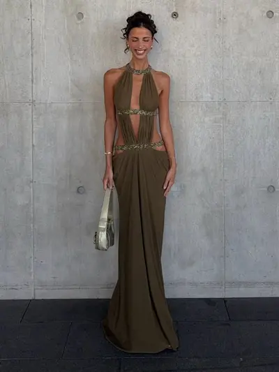 Rückenfreies Neckholder-Spitzenkleid für Damen, lang