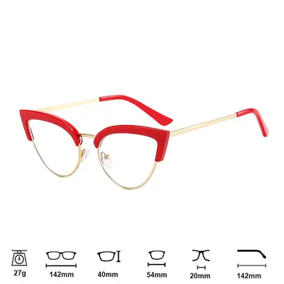 Cat-Eye Optical Glasses, Large Frame, Blue Light Filter, Flat Lens, Prescription Capable