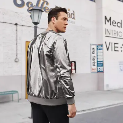 Men's Glossy Metallic Zip-Up Jacket, 70s Disco Style