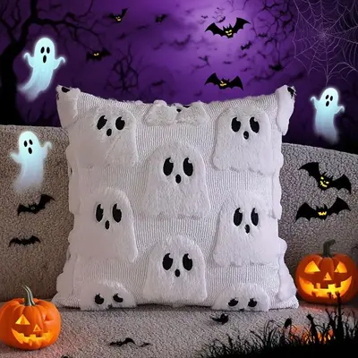 Halloween Ghost Throw Pillow Cover, White Bat and Skull Plush Decoration