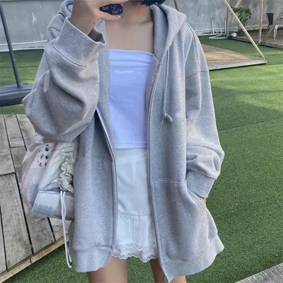 Gri kapüşonlu sweatshirt kadın yeni gevşek kadife gündelik spor ceket ilkbahar ve sonbahar uzun kollu fermuarlı hırka üst