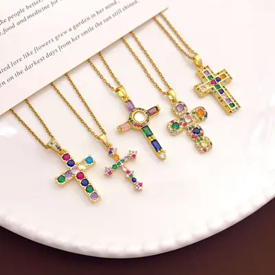 Cross Pendant Necklace with Colourful Zircon, Women's Fashion Jewelry
