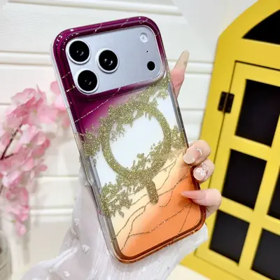 Apple 18 Pro Max çift katmanlı manyetik kılıf, altın dağ deseni - 7
