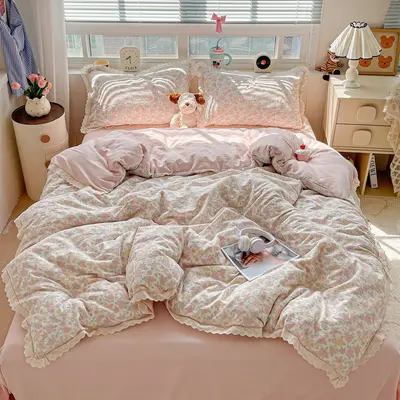 Class A wrinkled gauze double-layer cotton lace four-piece set, single/double bedding, bed sheet, fitted sheet, single piece dropshipping. - 9