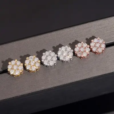 S925 Silver 10mm Flower Stud Earrings, Full VVS Moissanite Pave