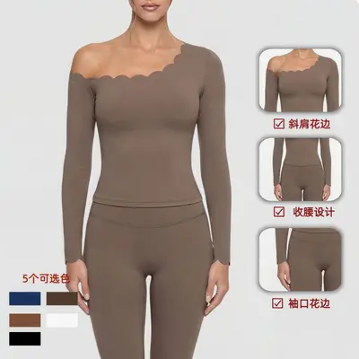 Lace Trim Asymmetric Shoulder Yoga Top High Stretch Long Sleeve - 2