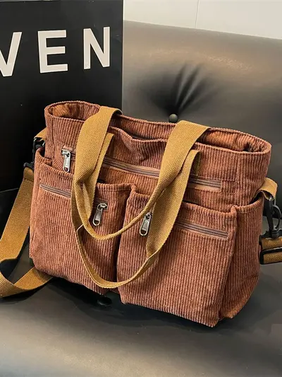 Large Capacity Corduroy Women's Crossbody Bag, Simple Design, Commuting Travel