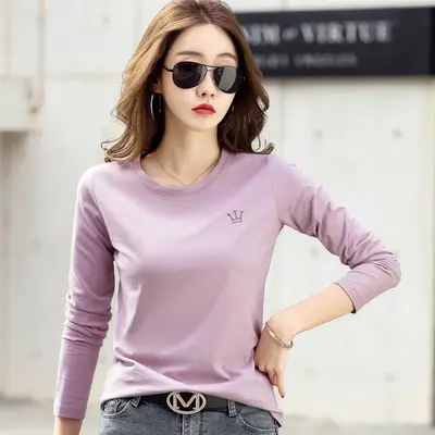 Kadın Pamuklu Uzun Kollu Nakışlı T-Shirt Sonbahar Kış Düz Renk