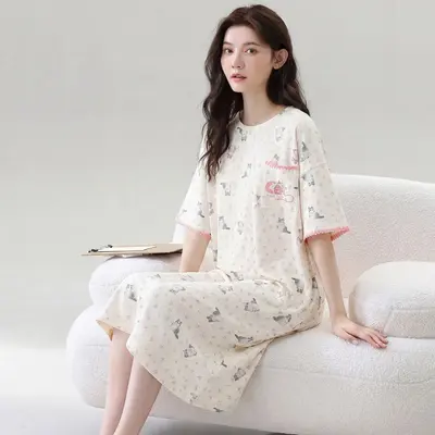 Women's Summer Cotton Nightdress with Chest Pads, Short Sleeve, Plus Size