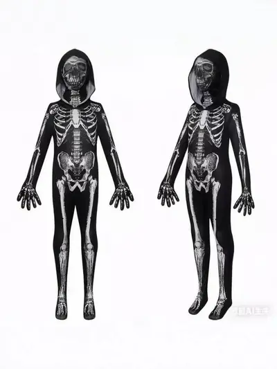 Halloween Children Skeleton Hooded Bodysuit Skeleton Costume Dress-Up Ball Party Performance Costume Cross-Border Halloween