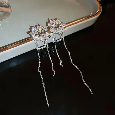 银针超闪镶钻树叶流苏耳钉时尚气质耳环女小众设计耳饰轻奢高级感 - 8