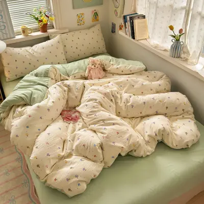 Grade A Mother and Baby Ultra-Soft Four-Piece Water-Washed Cotton Bedding Set with Fitted Sheet Duvet Cover Student Dormitory Three 4-Piece Bed Set A - 11