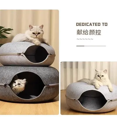 Felt Donut Cat Bed with Tunnel, Warm Winter Cat Nest - 5