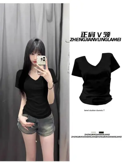 American short-sleeved right shoulder V-neck T-shirt for women in summer, slim fit hot girl style, versatile slimming design, niche ice silk breathable top