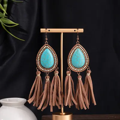 Rhinestone Turquoise Bull Head Flower Drop Earrings, Vintage Boho Style