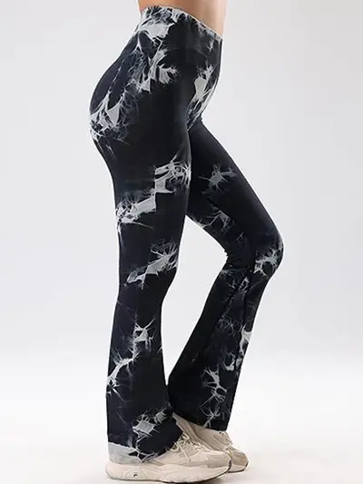 Yüksek Bel Geniş Paçalı Yoga Pantolonu, Elastik, Batik Desen