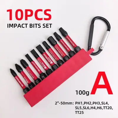 10 parça bit seti, Phillips, altıgen, Torx delikli, 50 mm