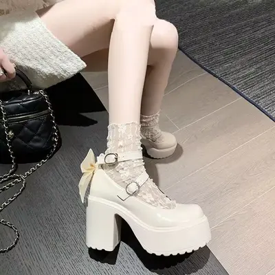 Women's High-Heel Mary Jane Shoes, Single Strap Buckle, Round Toe, Chunky Heel