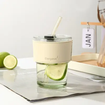 Trendy bambu pipetli kahve fincanı, mağaza promosyon hediyesi logolu baskılı cam su bardağı. - 9