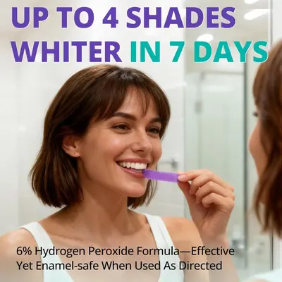 Purple-toned teeth whitening strips with triple whitening formula