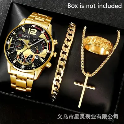 Men's quartz watch with calendar, stainless steel band