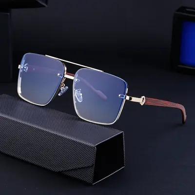 Square Frame Men's Sunglasses with Imitation Wood Grain Temples - 4