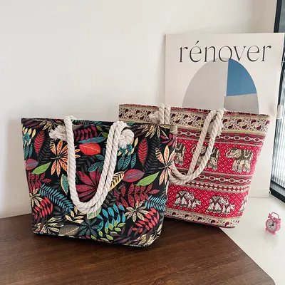 Canvas-Achseltasche im ethnischen Stil mit Hanfseil-Griff - 4