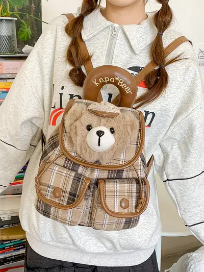 Plush Bear Flap Backpack for Girls, Plaid Pattern - 4