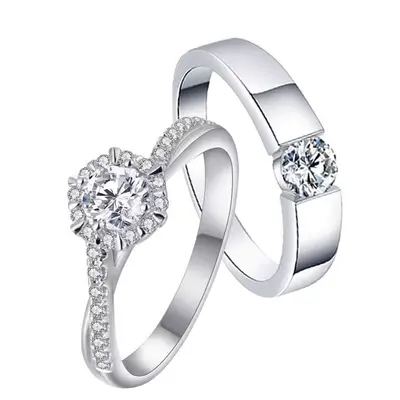 Wedding simulated diamond ring pair, moissanite, adjustable - 5